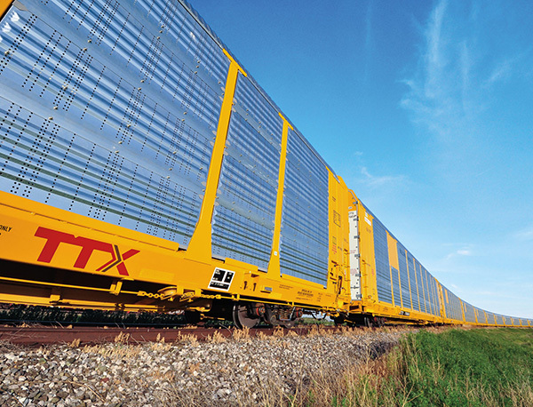 Railcars transporting recyclable materials across rail network