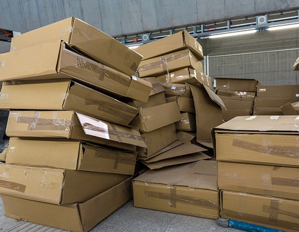 Post-consumer cardboard materials prepared for recycling